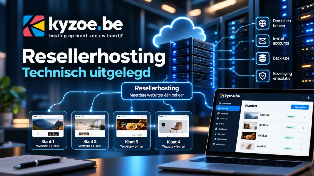 Resellerhosting bij Kyzoe technisch uitgelegd: meerdere klantwebsites met e-mail, domeinen en back-ups beheerd vanuit één paneel