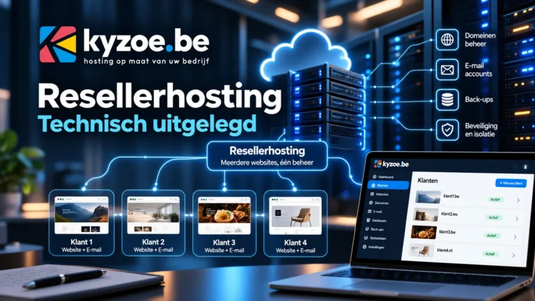 Resellerhosting bij Kyzoe technisch uitgelegd: meerdere klantwebsites met e-mail, domeinen en back-ups beheerd vanuit één paneel