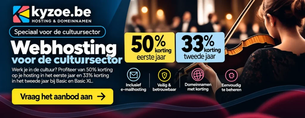 Kyzoe-banner: webhosting voor de cultuursector met 50% korting het eerste jaar en 33% korting daarna, e-mailhosting inbegrepen
